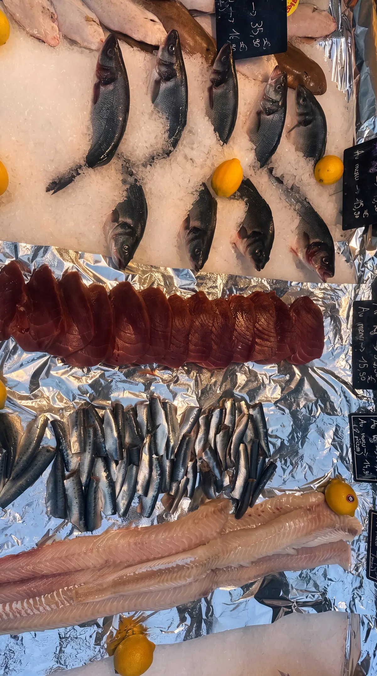 Vu de dessus : des dorades sur glace pilée et des citrons, une rangée de tranches de thon, des sardines et un filet de poisson blanc.