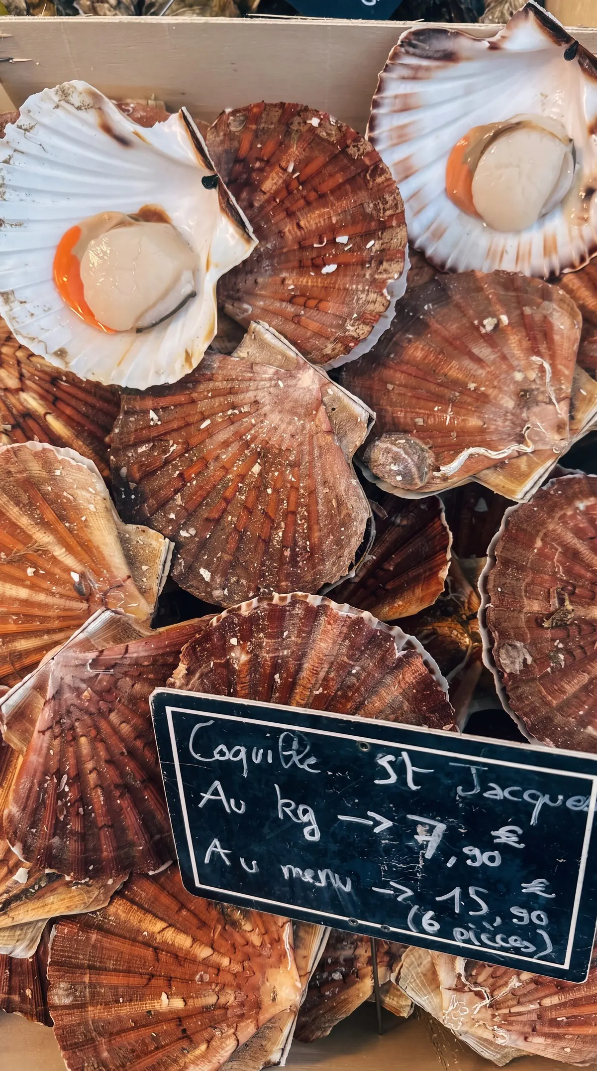 Coquilles Saint-Jacques fraîches et leur ardoise : au menu, 15,90 € les 6 pièces.